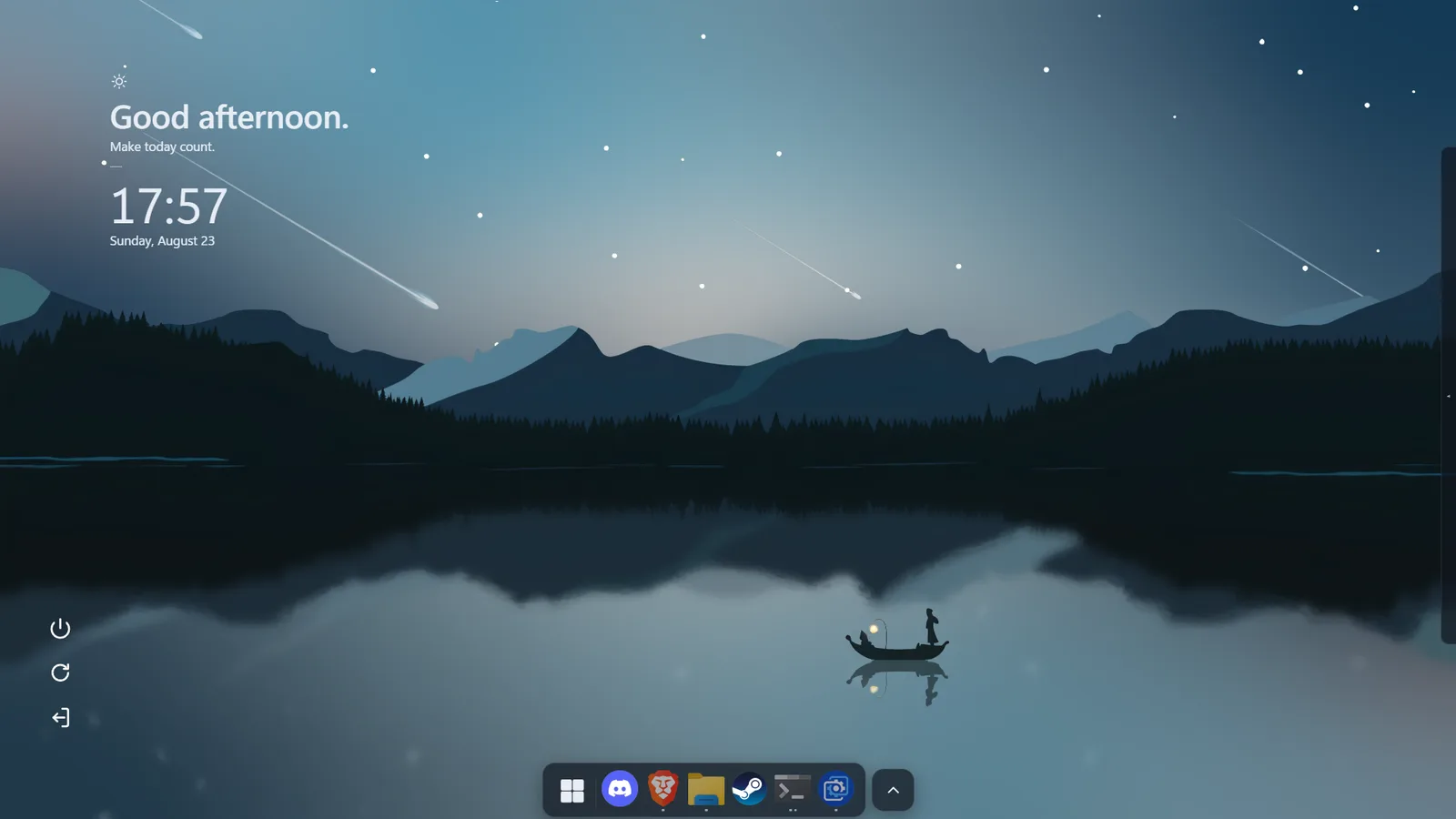 A night desktop over a lake and shooting stars, kept to a greeting, a clock, a row of power controls and a dock.