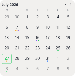 Calendar widget showing the month with dots marking days that have events