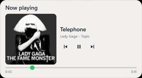 Now playing widget with album art, track title and transport controls