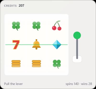 Slot machine widget with a lever, a credit balance and a spin counter