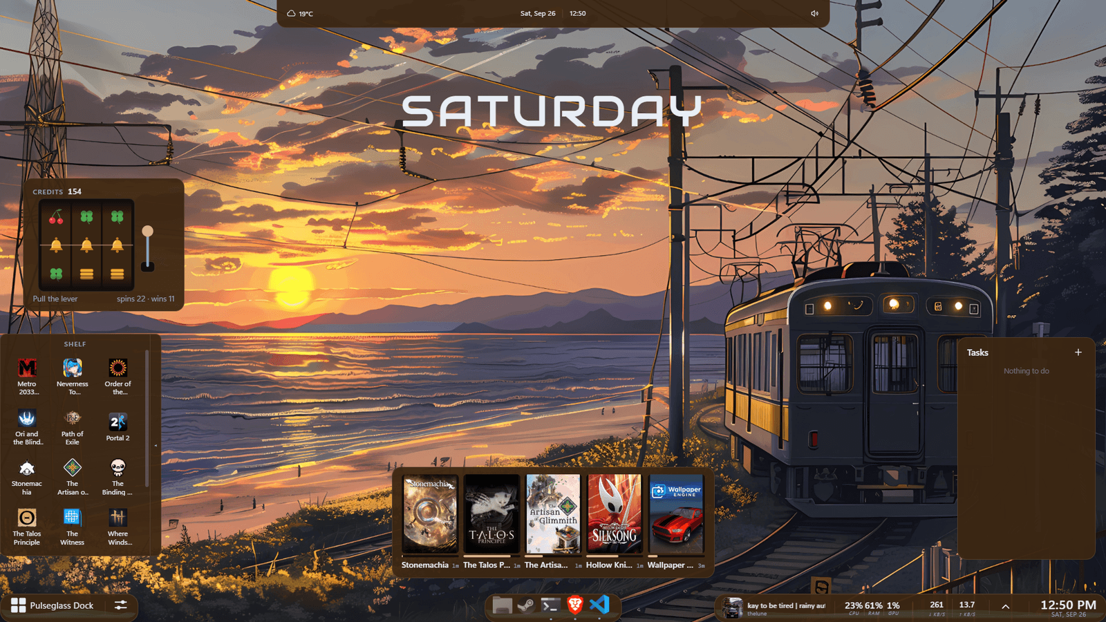 A DeskDash desktop on a sunset wallpaper: a status bar across the top with the weather, the date, the time and the volume, the day of the week set large, a Slot Machine widget, a Shelf of game shortcuts on the left, a Steam Recent strip of recently played games at the bottom, an empty Tasks list on the right, and the Pulseglass Dock taskbar along the bottom edge with the playing track, CPU, RAM and GPU readings and the clock.