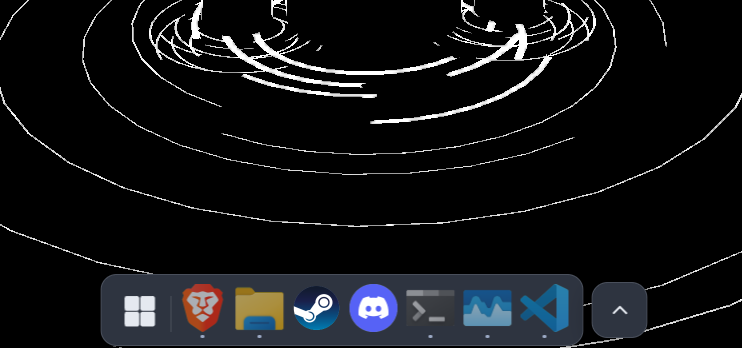 The DeskDash Dock taskbar at the bottom of a Windows desktop: a floating pill with a Start button and the pinned and running apps as large icons, Brave, File Explorer, Steam, Discord, Terminal and VS Code, each with a small dot under the ones that are open, and a separate tray button beside it.