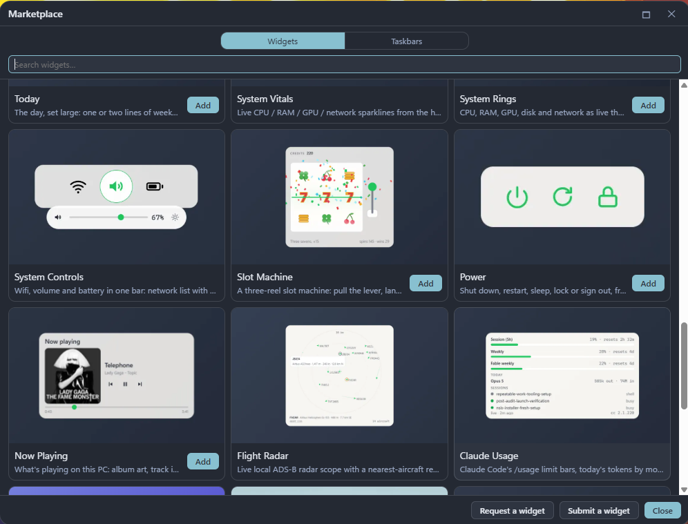 The DeskDash marketplace window on the Widgets tab, a grid of widget cards with a preview and a one-line description each, and an Add button on the ones not yet installed: System Vitals, System Rings, Slot Machine, Power, Now Playing and more, with a search box above and Request a widget and Submit a widget buttons below.