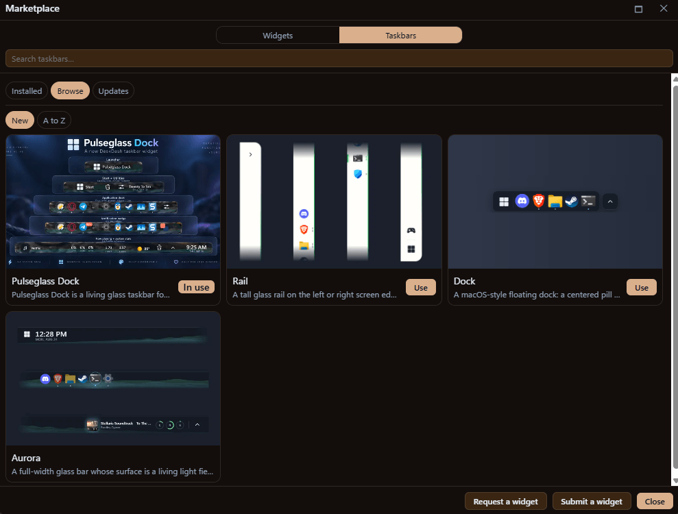 The DeskDash marketplace on the Taskbars tab: Pulseglass Dock, a community taskbar marked In use, beside Rail, Dock and Aurora, each card with a preview, a one-line description and a Use button, with Request a widget and Submit a widget buttons below.