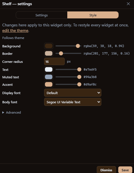 The Style tab in the Shelf widget's settings: background, border, corner radius, text, muted text and accent colors, a display font and a body font, under a note that the changes apply to this widget only, with a link to edit the theme for every widget.