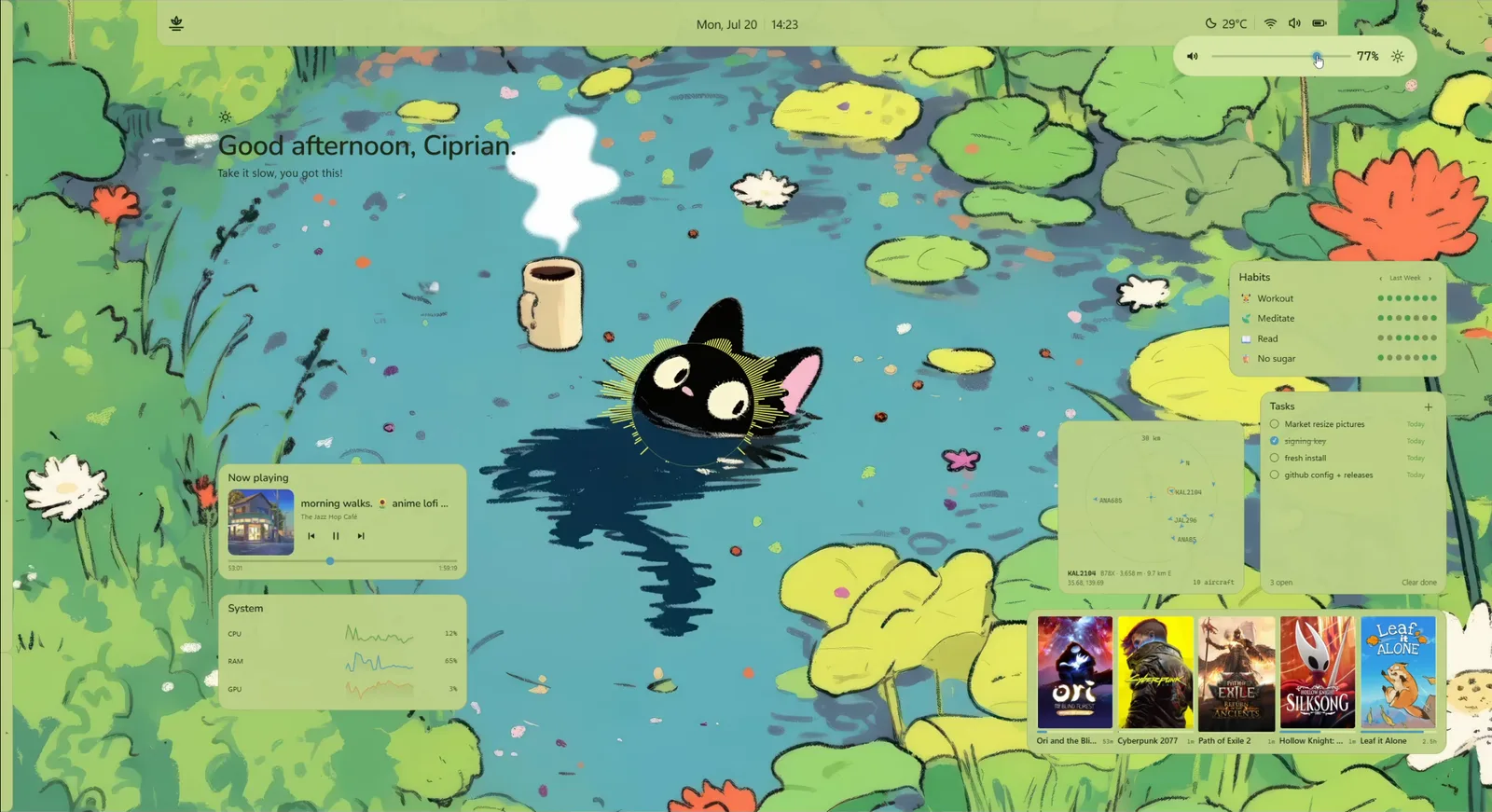 A DeskDash desktop over an illustrated lily pond, with a taskbar across the top, a habit tracker, a task list, a flight radar, a system monitor and a recently played row.