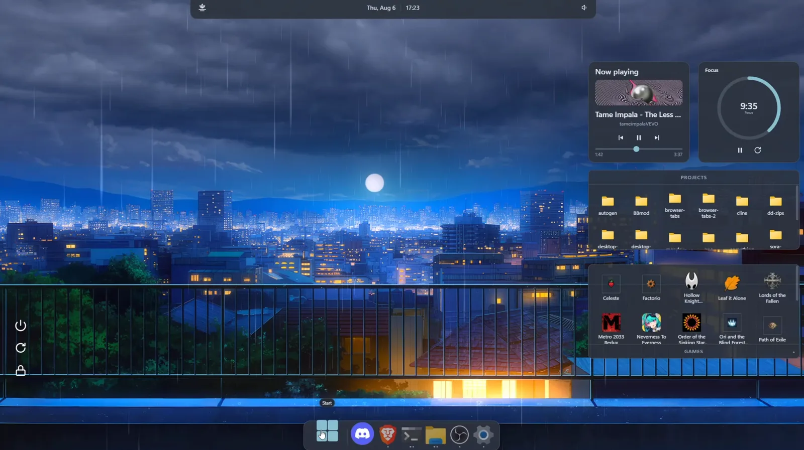 A DeskDash desktop over a rainy night city wallpaper, with a slim taskbar, a now playing card, a focus timer and two folder drawers.