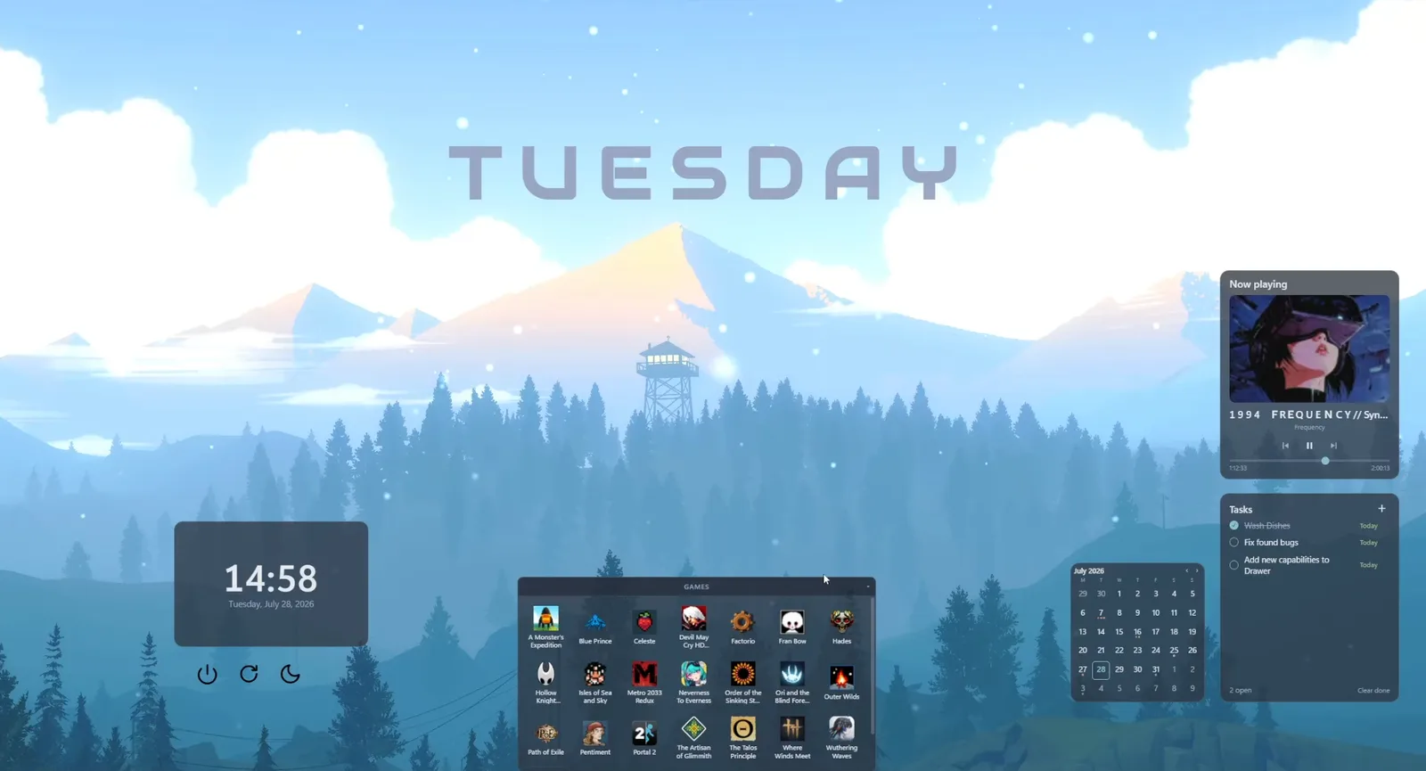 A DeskDash desktop on a pale misty forest wallpaper: the day name in wide letters across the sky, a clock panel with the date, a row of power controls, a Games drawer of installed Steam games with their cover art, a month calendar, a Now Playing card with transport controls and a task list, all sitting on the wallpaper.